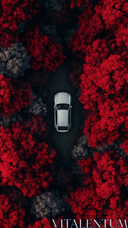 Vehicle positioned within forest canopy viewed from overhead perspective.