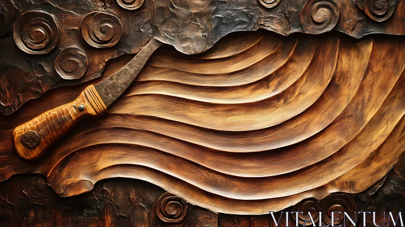 Curved carving knife on layered abstract wooden relief
