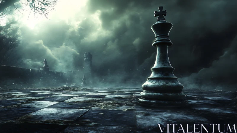 Large king chess piece on misty outdoor stone board.