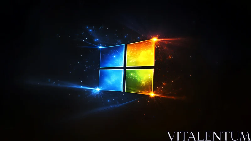Windows logo glows with vibrant neon light trails.