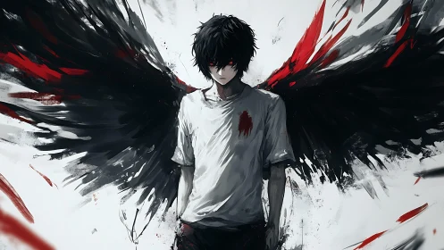 Dark seraph youth with bloodstained shirt and ink-swept wings.