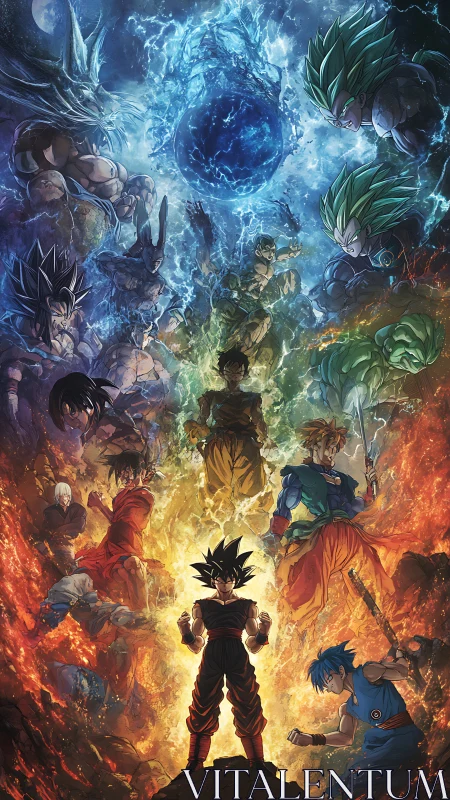 Fiery anime heroes gathered beneath a swirling cosmic storm.
