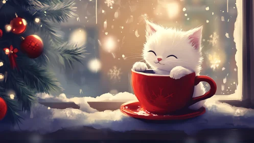 Winter-lit white kitten in red cup against softly glowing window