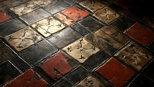 Weathered patterned tiles glowing in gentle golden light.