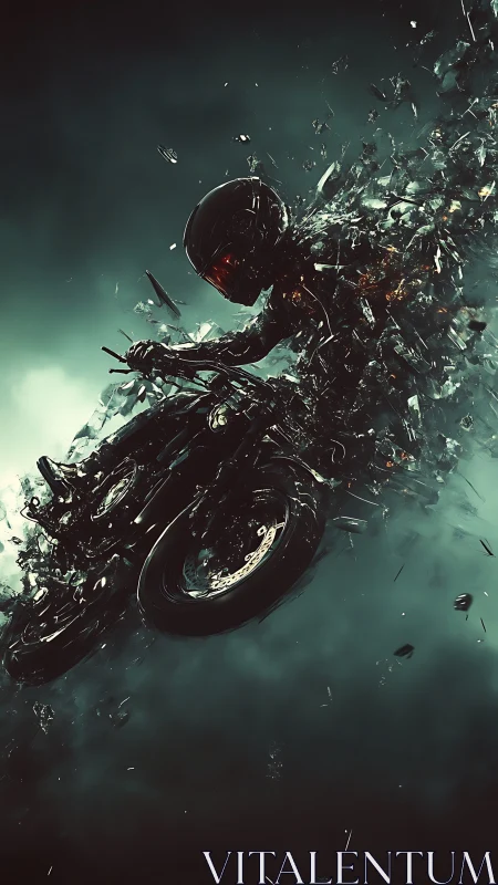Shattering motorcycle rider bursts through stormy night sky