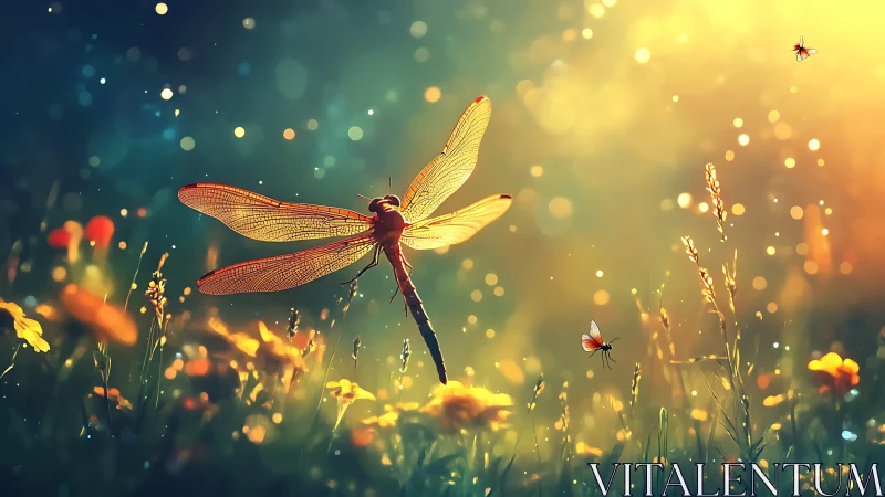 Backlit dragonfly hovers over meadow in luminous bokeh haze