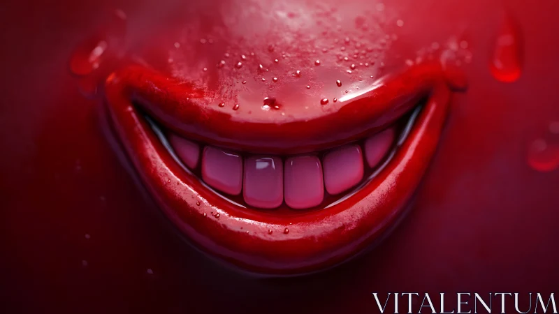 Glassy crimson smile emerging from glossy liquid shadows.
