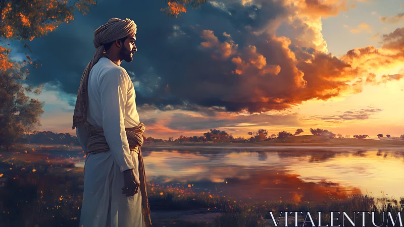 Quiet sunset reflection with a serene, traditionally robed man.