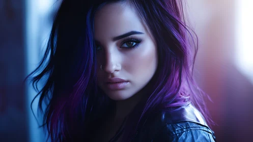 Moody portrait of a purple haired woman in neon twilight