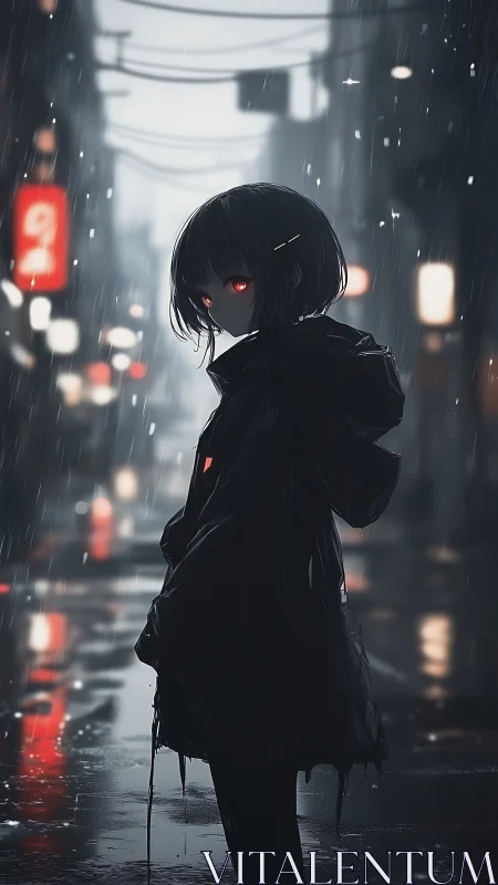 Figure with red eyes stands in rainy urban street at night