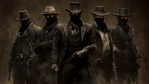 Group of armed masked cowboys stands in symmetrical formation