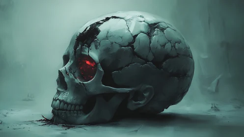 Fractured cranial shell with luminous red orbital cavity.