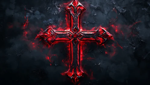 Luminous red gothic cross rendered with molten metallic edge glow