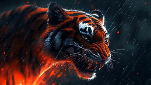 Fiery tiger roars under driving rain with ember-lit fur