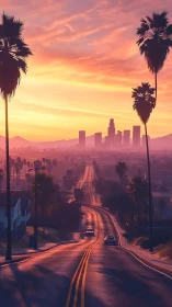 Sunset-lit city road stretches toward softly glowing skyline