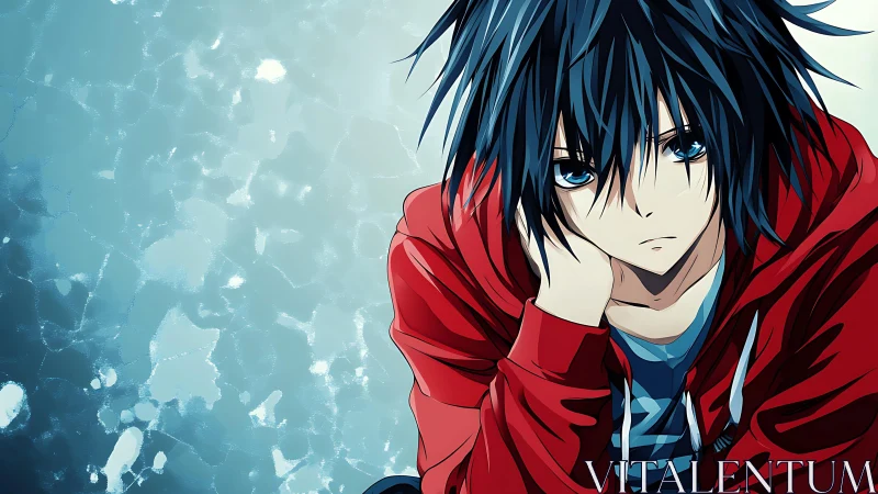 Brooding blue eyed anime teen in red hoodie, side portrait