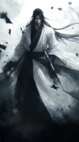 Storm-kissed swordsman walks forward wrapped in fierce resolve