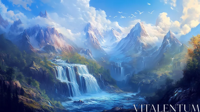Sunlit alpine waterfalls cascade through vast blue valley