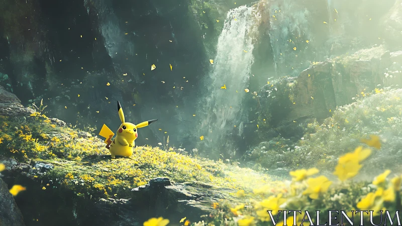 Pikachu amidst sunlit wildflowers below misty waterfall.