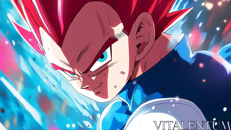 Intense red‑haired warrior in dynamic blue energy aura.