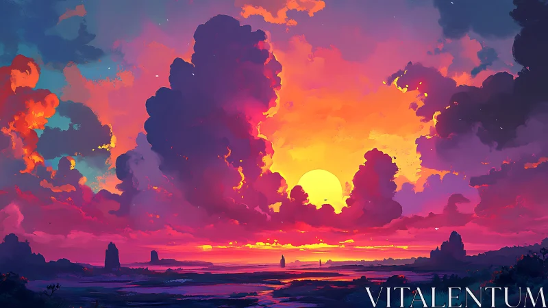 Vibrant digital seascape sunset ignites towering cloud forms