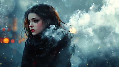 Solitary girl in cold neon city fog exhales drifting breath