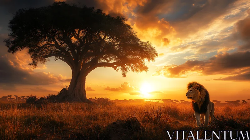 Lion standing in golden savanna sunset under large tree.