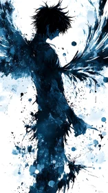 Silhouetted winged figure rendered in blue ink splashes