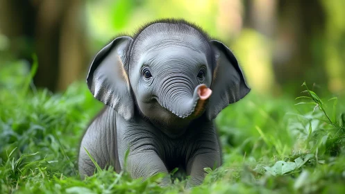 Baby elephant resting in lush green forest meadow.