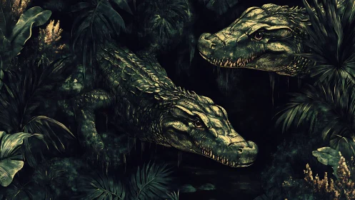 Nocturnal crocodiles emerging through dense tropical foliage.