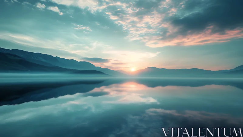 Symmetrical lake landscape with distant mountains at sunrise.