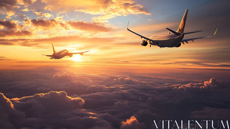 Twin commercial jets cruising through radiant sunset clouds.