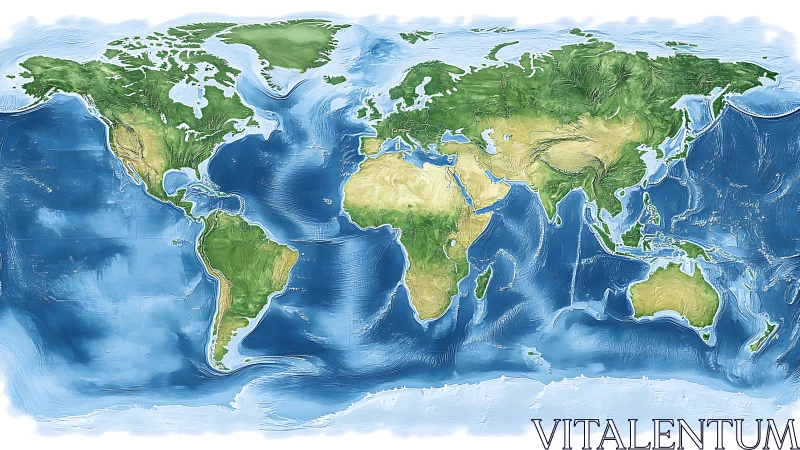 Global physical relief map rendering topography and bathymetry