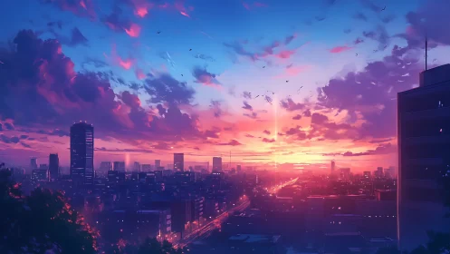 Sunset skyline bathed in neon-lit anime city glow.
