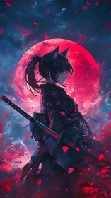 Cat-eared swordswoman stands before large red full moon