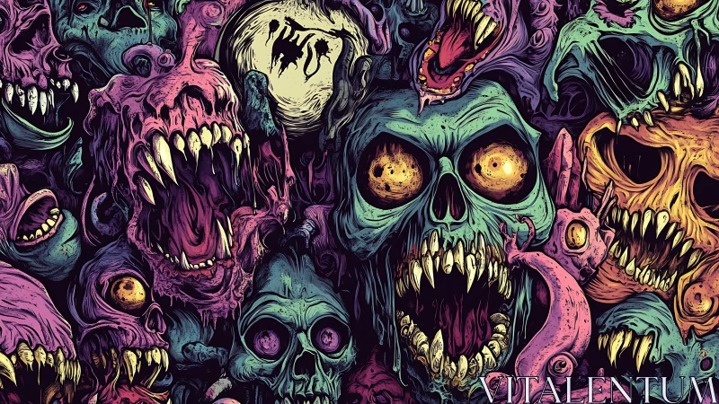 Polychromatic necrotic skull swarm in dense horror composition.