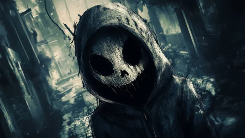 Hooded skull-faced figure stalks desolate urban ruins