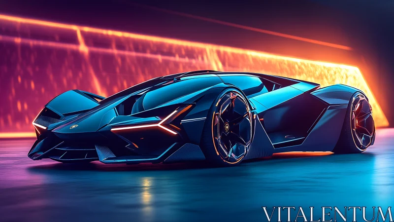 Futuristic low-profile concept car displayed in neon lighting