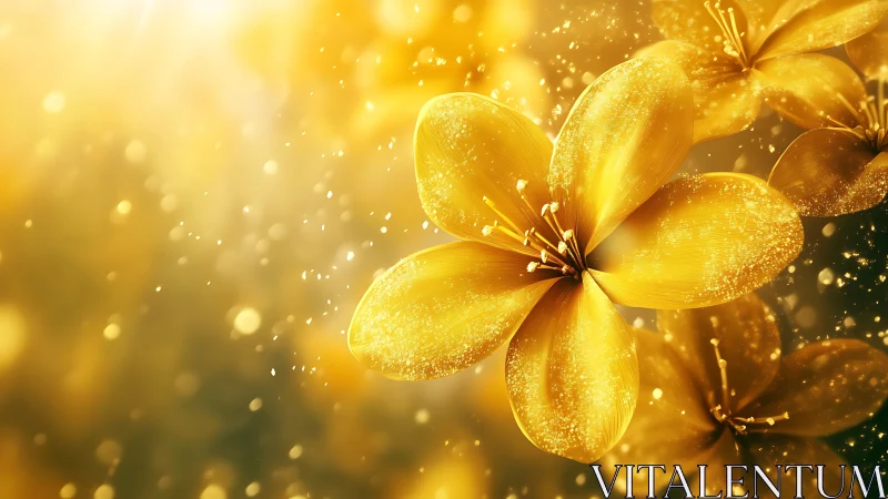 Golden Flowers Illuminated. Luminous petals glow with bokeh light.