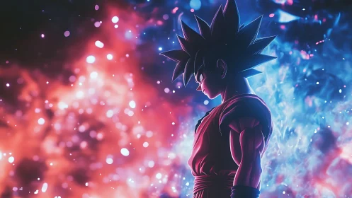 Spiky-haired anime fighter amid red and blue energy field.