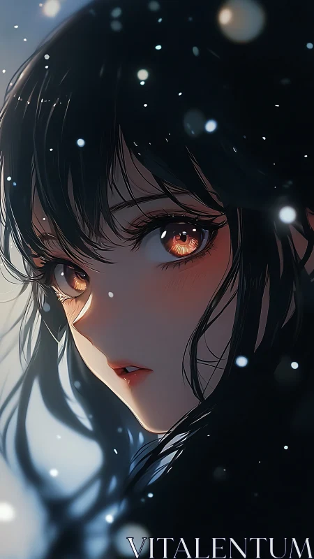 Winter-lit anime girl gazes back with glowing ember eyes.