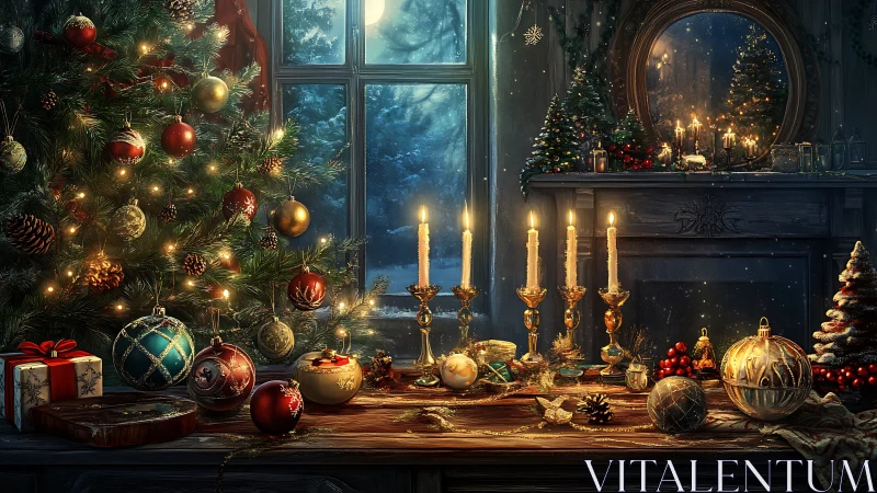 Winter hearth glowing with candlelit Christmas magic.