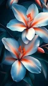 Digital Composite Floral Study: Blue and Orange Petals With Luminous Radial Gradients