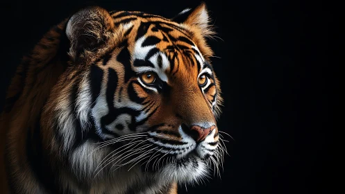 Profile view of a Bengal tiger against dark background.