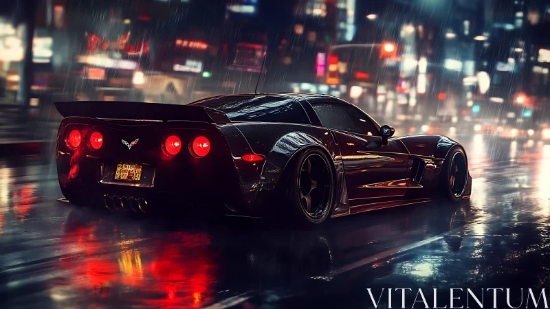 Aerodynamic street racer under neon rainfall at night.