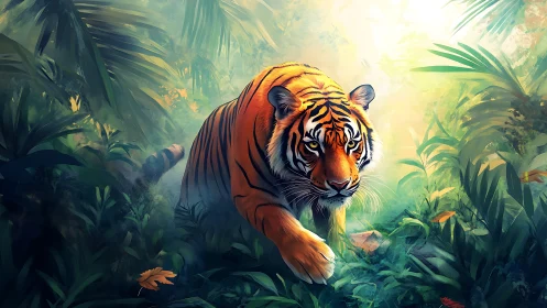 Golden jungle tiger steps softly through glowing forest