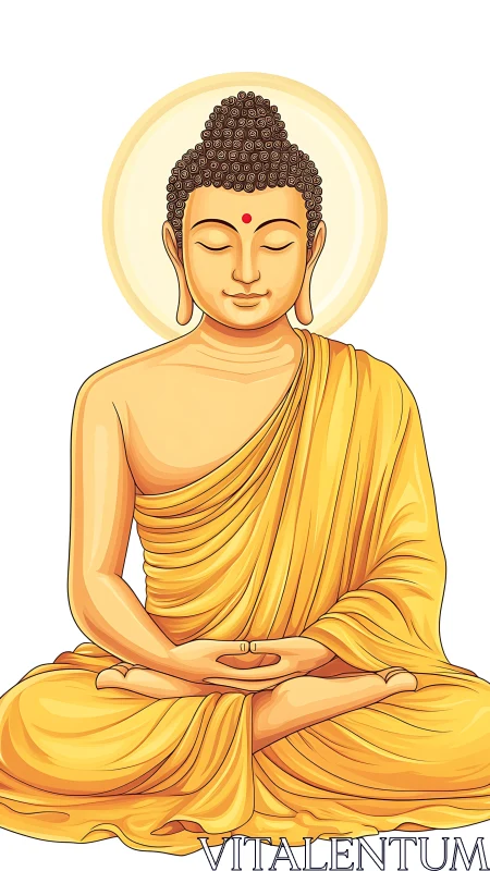 Meditating Buddha illustration with luminous golden aura