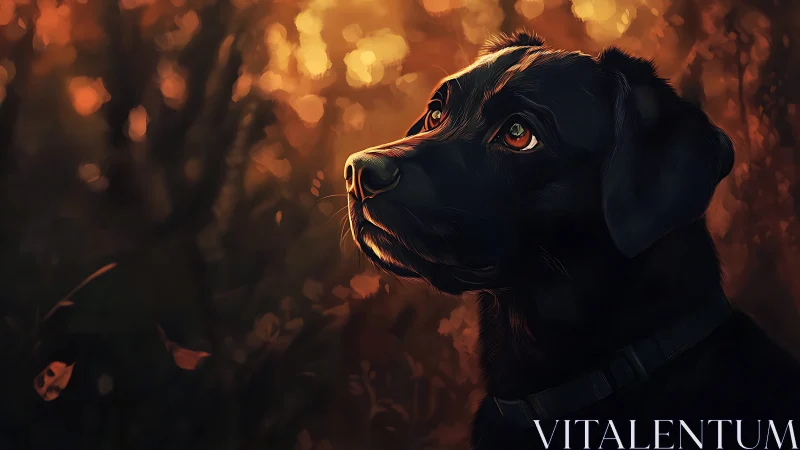 Autumn embers drift while a hopeful black dog studies light