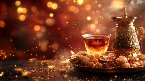 Ornate metal teapot, glass of tea and sweets on golden tray.