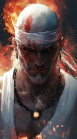 Digital painting portrait of fiery warrior with pendant focus.